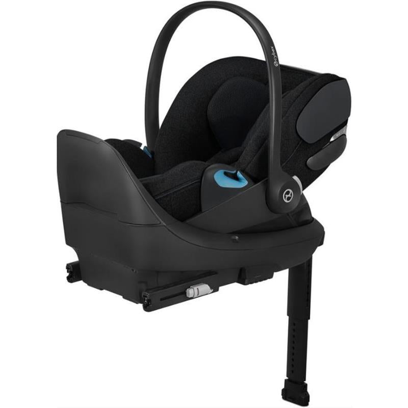Cybex Cloud T Infant Car Seat in Sepia Black, featuring an adjustable handle and blue safety elements.
