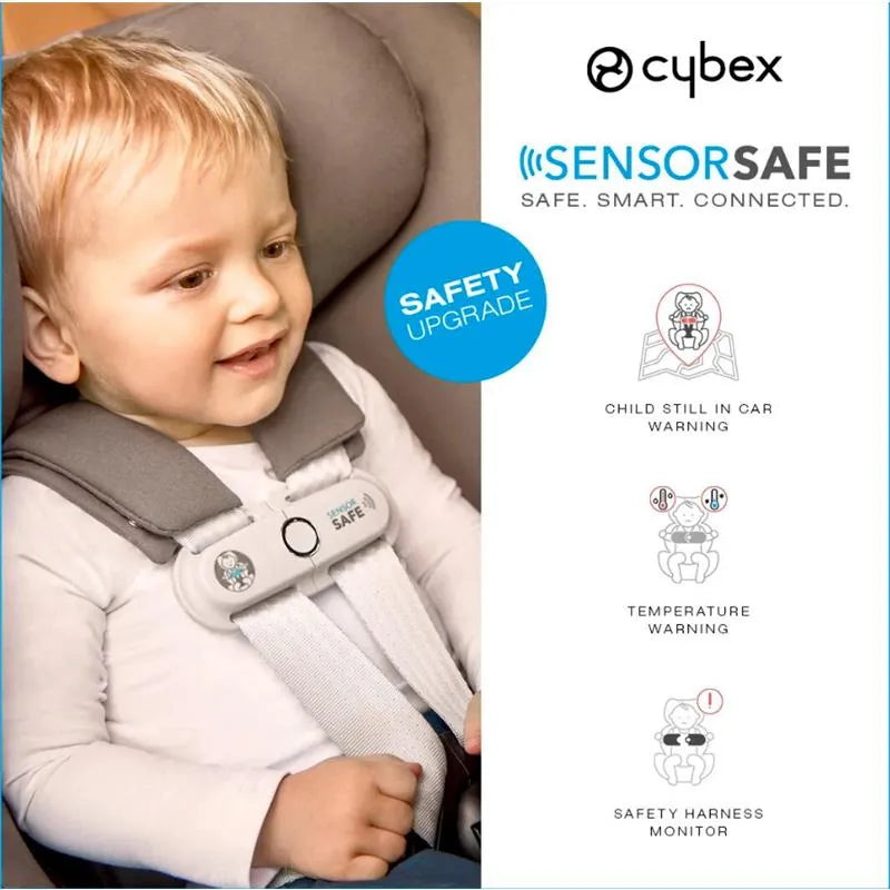 Cybex Cloud T SensorSafe infant car seat in Leaf Green, featuring a smiling child secured with a safety harness and safety upgrade icons.
