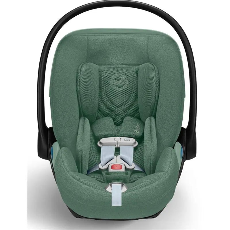 Cybex Cloud T Sensorsafe infant car seat in Leaf Green, featuring safety harness and plush cushioning for comfort.