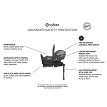 Cybex Cloud T SensorSafe Infant Car Seat in Mirage Grey, featuring advanced safety protection with key features highlighted.