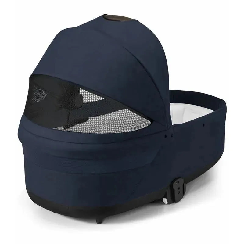 Cybex Cot S Lux 2 in Ocean Blue with a mesh visor and soft interior, designed for infants.