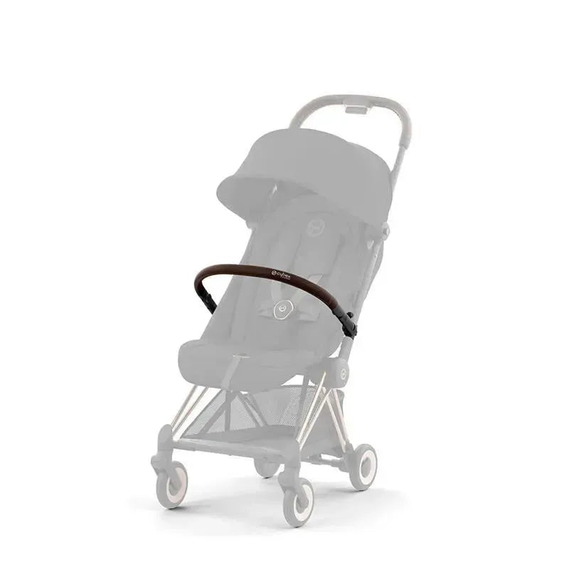 Cybex Coya Bumper Bar in dark brown color, designed for a compact stroller, showcasing a curved handle and fasteners.