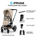 Cybex E-Priam stroller with a matte black frame and cozy beige lux seat, includes battery pack, rain cover, cup holder, and car seat adapters.