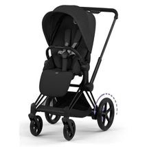Cybex E-Priam Stroller in Matte Black with a Sepia Black Lux Seat features a large canopy, five-point harness, and swivel front wheels.