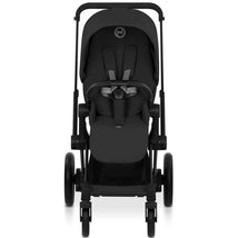 Cybex E-Priam Stroller in matte black frame with sepia black lux seat, showcasing a modern design and comfortable seating.