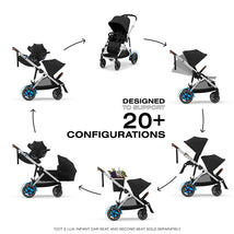 Cybex Egazelle S Electronic Assist Stroller showcases various configurations with a silver frame and moon black seat, highlighting versatility.