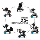 Cybex Egazelle S Electronic Assist Stroller showcases various configurations with a silver frame and moon black seat, highlighting versatility.
