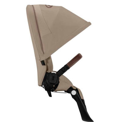Cybex Egazelle S second seat in almond beige with taupe frame, featuring a canopy and adjustable handle.