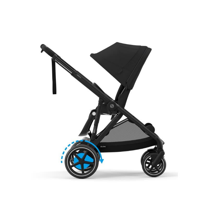 Cybex Egazelle S single-to-double stroller in black frame with moon black seat, featuring a reclined seat and maneuverable rear wheels.