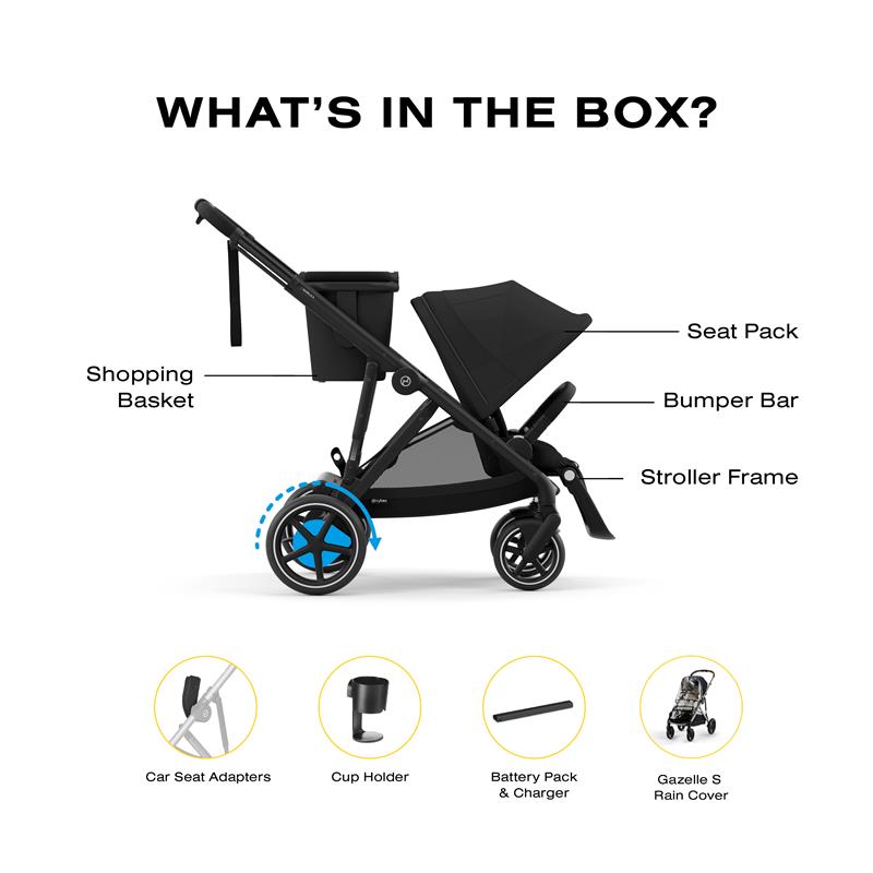 Cybex Egazelle S stroller with a black frame and moon black seat, labeled features include shopping basket, seat pack, bumper bar, and stroller frame.