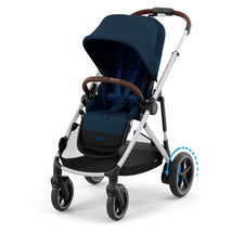 Cybex Egazelle S stroller with a silver frame and ocean blue seat, featuring a padded seat and adjustable canopy.