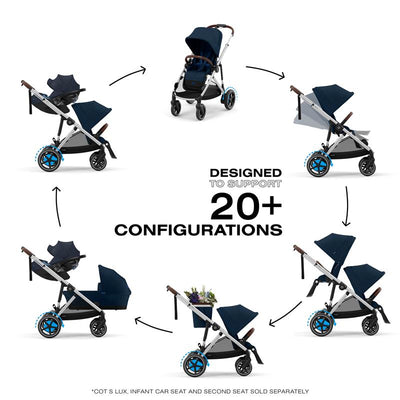 Cybex Egazelle S Single-to-Double Stroller in silver and ocean blue, showcasing 20+ configurations for versatility.