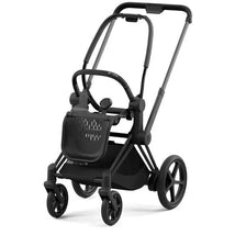 Cybex EPriam 2 stroller frame in matte black, featuring a black seat, adjustable handle, and four wheels.