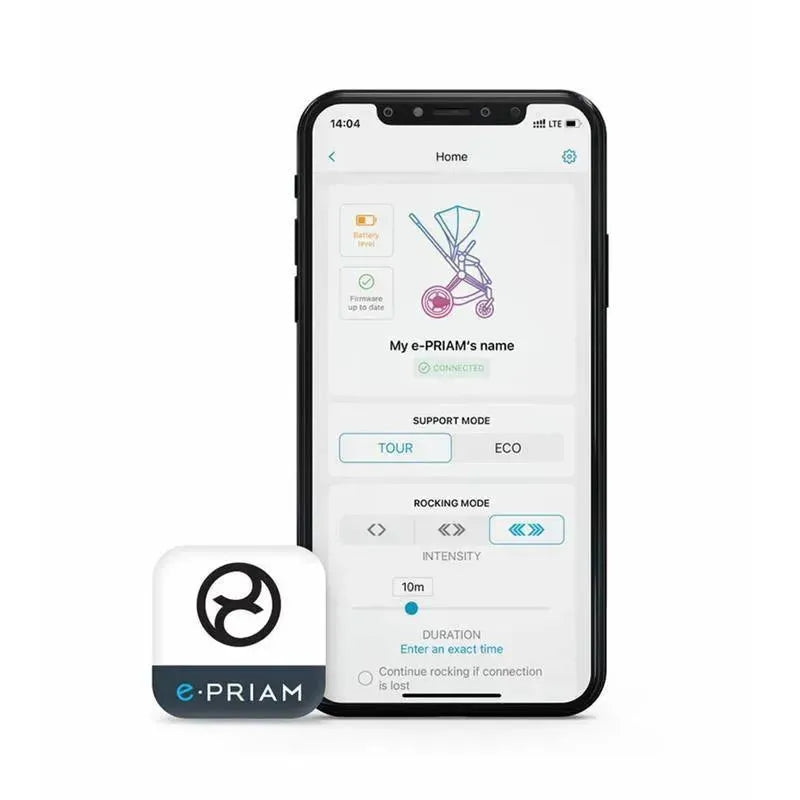 Cybex e-Priam app interface displaying settings for support and rocking modes, connected to the EPriam 2 Stroller.