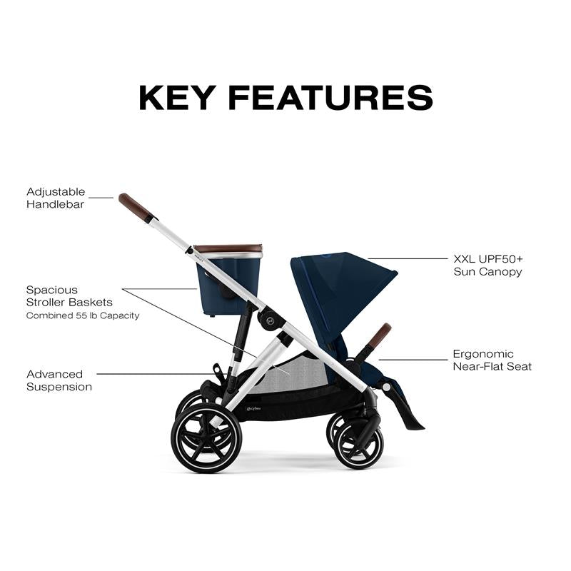 Cybex Gazelle S 2 Double Stroller Bundle in ocean blue with silver frame, highlighting key features like adjustable handlebar and XXL sun canopy.