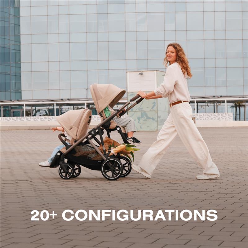 Cybex Gazelle S 2 stroller in taupe frame, pushed by a woman with two children seated, displaying 20+ configurations.