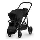 Single-to-double stroller by Cybex, featuring a black frame and moon black seat, with a large canopy and storage basket.