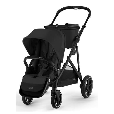 Single-to-double stroller by Cybex, featuring a black frame and moon black seat, with a large canopy and storage basket.