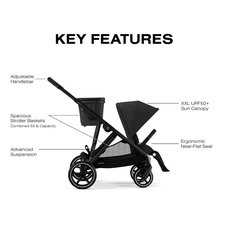 Cybex Gazelle S 2 stroller in black, featuring adjustable handlebar, spacious storage baskets, and XXL sun canopy.