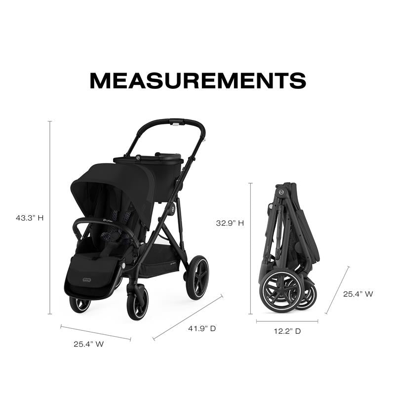 Cybex Gazelle S 2 Single-to-Double Stroller with black frame and moon black fabric, featuring height and folded size measurements.