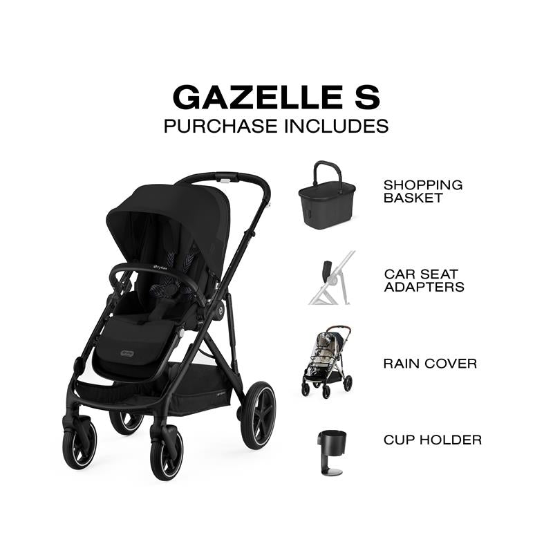 Cybex Gazelle S stroller in black with integrated shopping basket, car seat adapters, rain cover, and cup holder included.