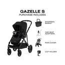 Cybex Gazelle S stroller in black with integrated shopping basket, car seat adapters, rain cover, and cup holder included.