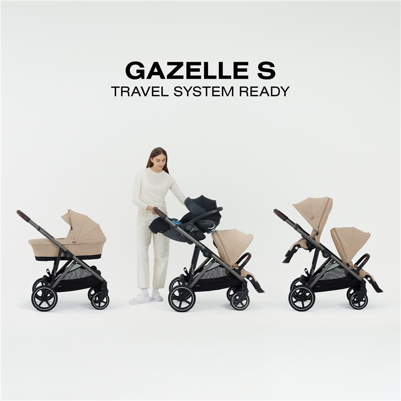 Cybex Gazelle S stroller setup with a woman adjusting the seat; displays versatility for single or double use.