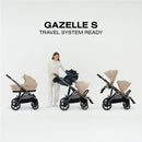 Cybex Gazelle S stroller setup with a woman adjusting the seat; displays versatility for single or double use.