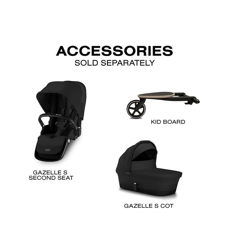Cybex Gazelle S accessories: second seat, kid board, and cot, all displayed against a white background.