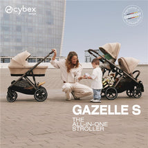 Cybex Gazelle S 2 stroller in silver frame with two seats; a woman is helping a child, both smiling.