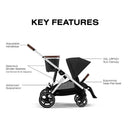 Cybex Gazelle S 2 stroller in silver frame with moon black fabric, featuring adjustable handlebar, spacious baskets, sun canopy, and near-flat seat.