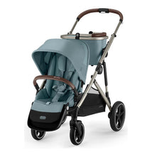 Cybex Gazelle S 2 single-to-double stroller in sky blue with taupe frame, featuring a canopy, adjustable seat, and storage basket.
