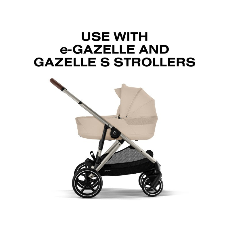 Cybex Gazelle S Cot in Almond Beige, designed for use with e-Gazelle and Gazelle S strollers.
