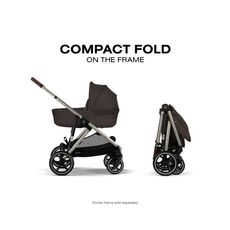 Cybex Gazelle S Cot in chocolate brown, showcasing a compact foldable design, with text indicating stroller frame sold separately.