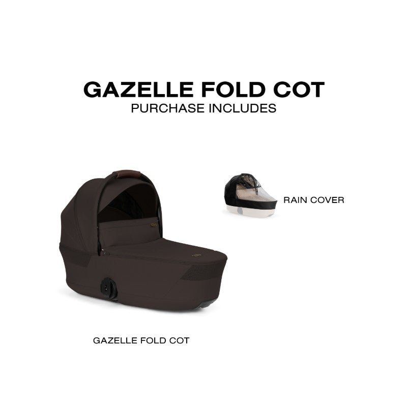 Cybex Gazelle S Cot in chocolate brown, accompanied by a rain cover, featuring a sleek foldable design.
