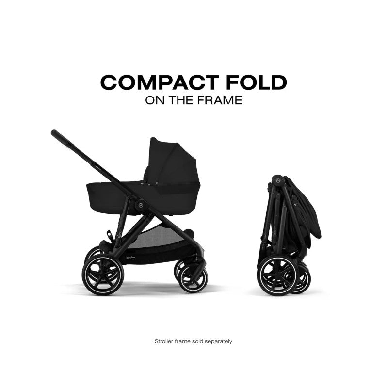 Cybex Gazelle S Cot in Moon Black displayed in unfolded and folded positions, highlighting its compact fold feature.