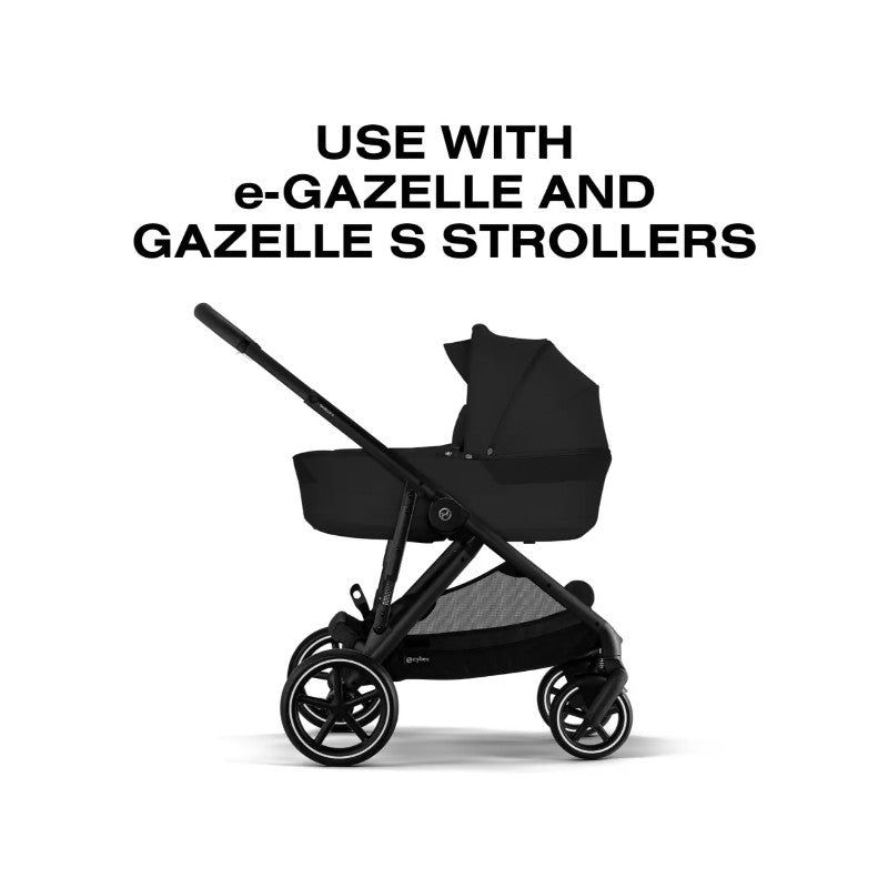 Cybex Gazelle S Cot in Moon Black, designed for e-Gazelle and Gazelle S strollers, featuring a foldable design.