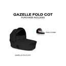 Cybex Gazelle S Cot in Moon Black with a rain cover, showcasing foldable design and spacious interior.