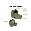 Cybex Gazelle S Cot in Moss Green featuring a UPF 50+ canopy, breathable foam cushion, and a two-way zipper.