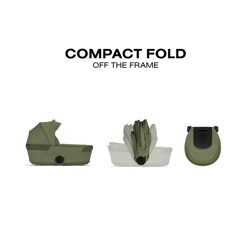 Cybex Gazelle S Cot in Moss Green shown in three stages: unfolded, partly folded, and fully compact, emphasizing its foldability.