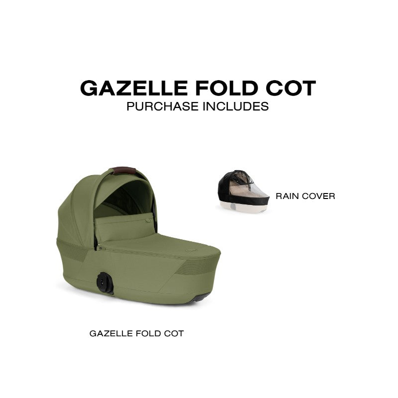 Cybex Gazelle S Foldable Cot in Moss Green with a rain cover included, displayed against a clean background.