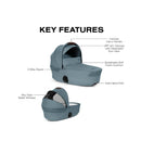 Cybex Gazelle S Cot in Stormy Blue, featuring a canopy, breathable foam cushion, and highlighted with key features.