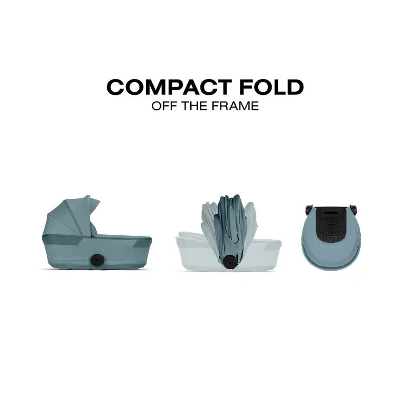 Cybex Gazelle S Cot in Stormy Blue, showcasing its compact fold design in three positions: unfolded, partially folded, and fully folded.