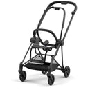 Cybex Mios 3 stroller frame in matte black with a sleek design, featuring a spacious undercarriage storage and portable wheels.