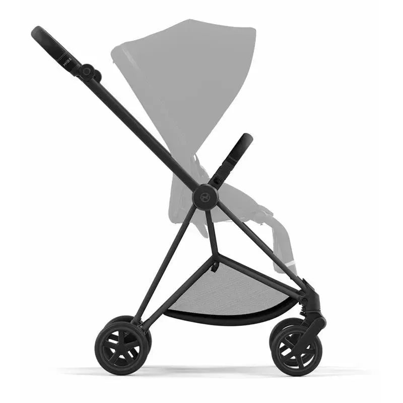 Cybex Mios 3 stroller frame in matte black, featuring a sleek design, adjustable handlebar, and two wheels.