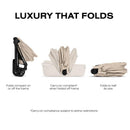 Cybex Mios/Coya Fold Lux Carry Cot in Cozy Beige, demonstrating folding features and compliance with carry-on regulations.