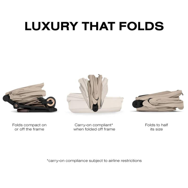 Cybex Mios/Coya Fold Lux Carry Cot in Cozy Beige, showing its folding features and compliance for carry-on travel.