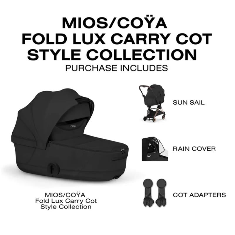 Cybex Mios/Coya Fold Lux Carry Cot in Sepia Black, showcasing accessories: sun sail, rain cover, and cot adapters.