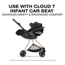 Cybex Mios Stroller with a matte black frame and sepia black lux seat, featuring a Cloud T infant car seat that reclines for comfort.