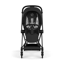 Cybex Mios stroller featuring a matte black frame and sepia black lux seat, displaying its front view with a mesh seat back.